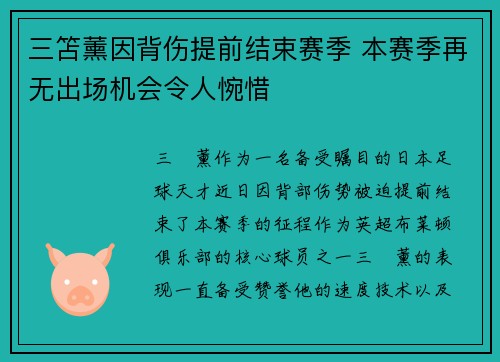 三笘薰因背伤提前结束赛季 本赛季再无出场机会令人惋惜