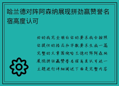 哈兰德对阵阿森纳展现拼劲赢赞誉名宿高度认可