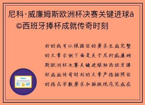尼科·威廉姆斯欧洲杯决赛关键进球助西班牙捧杯成就传奇时刻